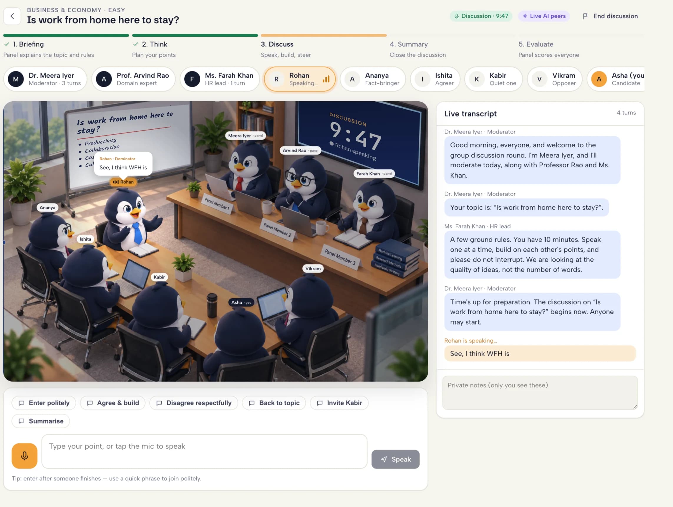 A Group Discussion AI session in progress: the penguin meeting room with name tags and a peer's speech bubble, the session phases, everyone at the table and the live transcript.