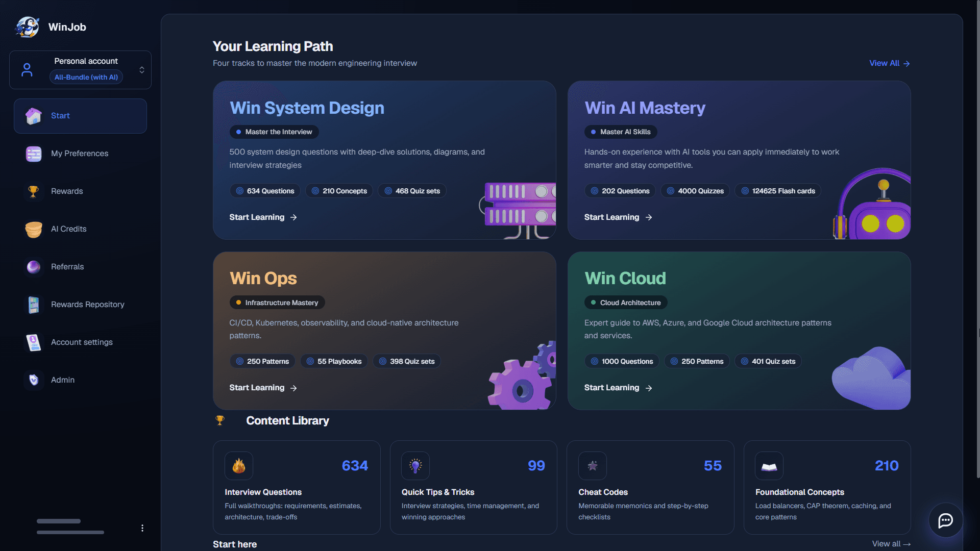 WinJob learning workspace showing the System Design, AI, Ops and Cloud courses