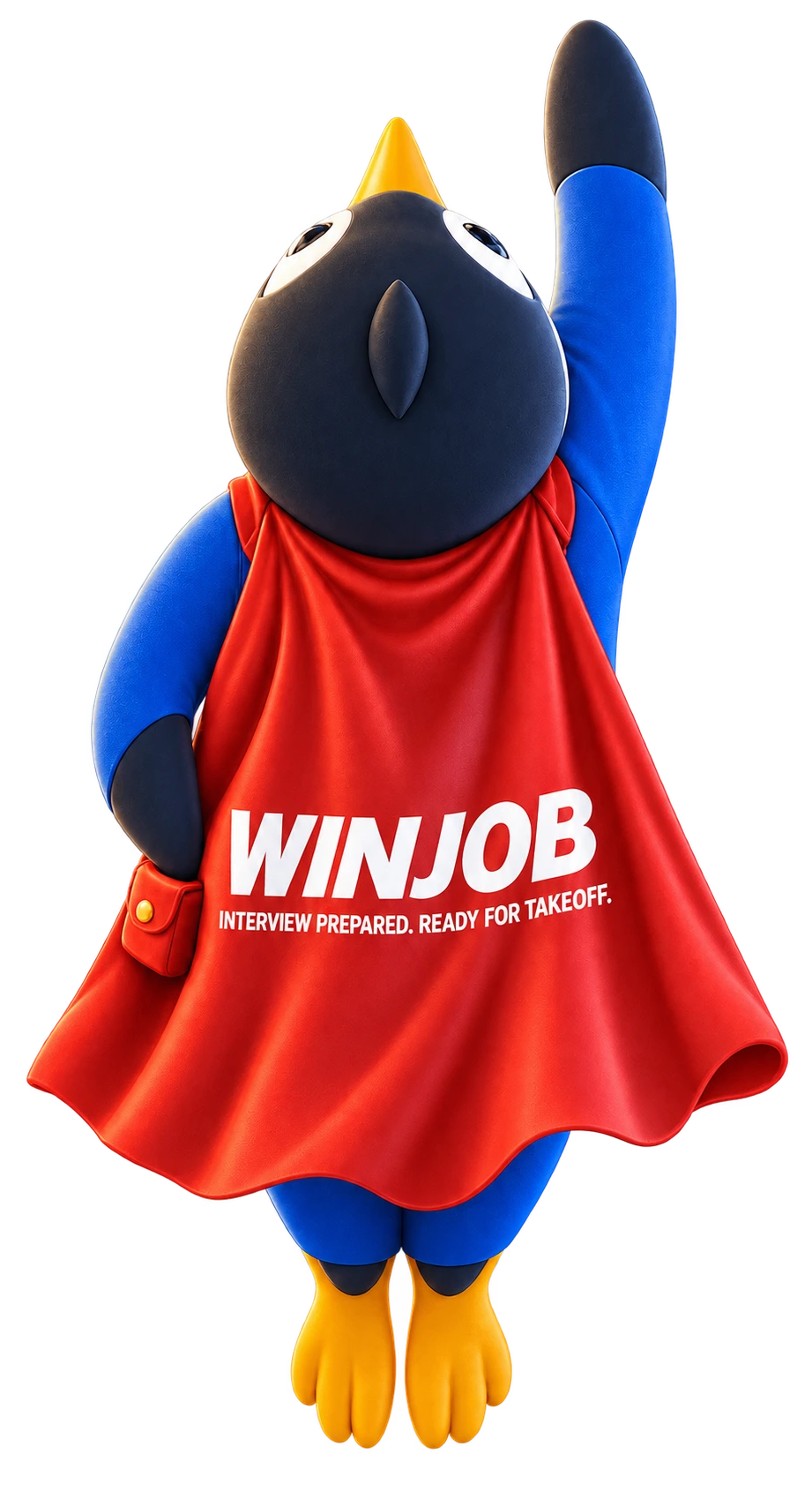 The WinJob penguin in a superhero suit flying upward, cape reading WinJob, right flipper reaching forward and left flipper tucked into its belt pocket.