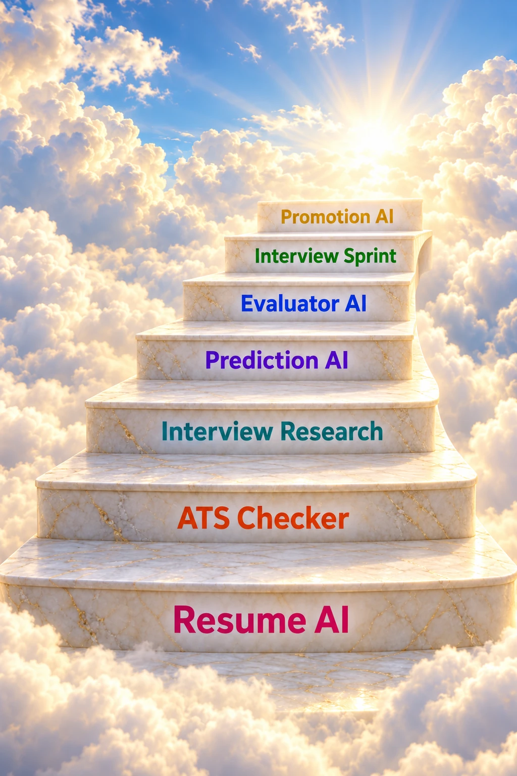 A curved staircase through the clouds: create your account, start learning, build with Resume AI, Interview Research, Interview Sprint, land your dream job, and grow with Promotion AI.